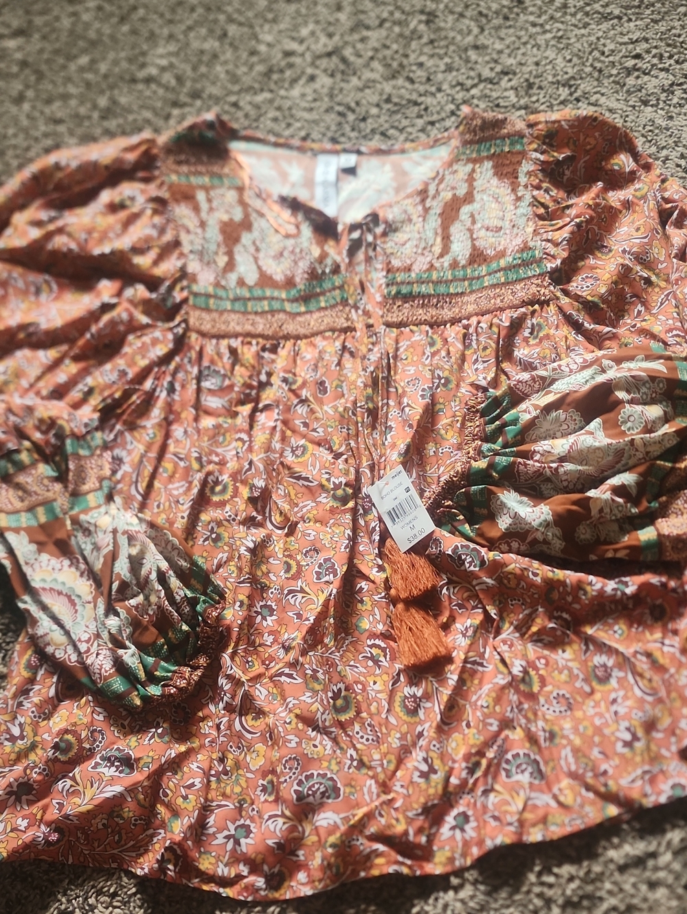 Rust Floral Smocked Boho Blouse with Tassel Tie
